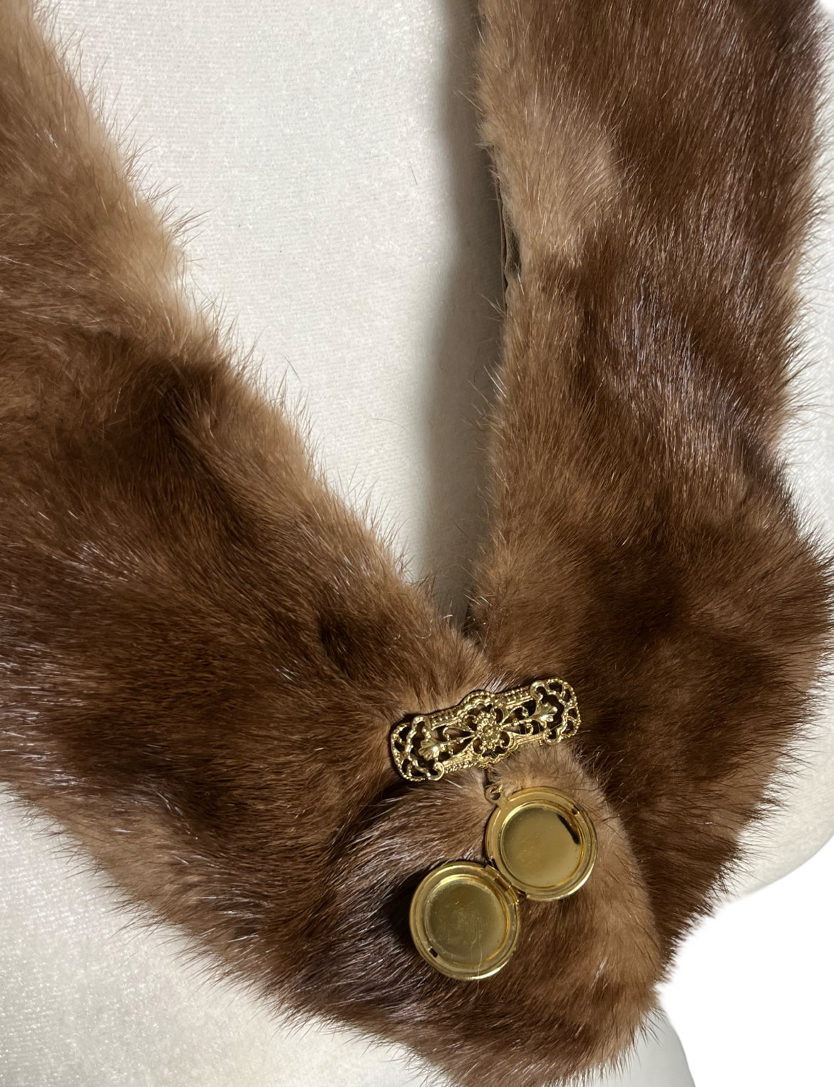 portrait of a lady| mink scarf with antique cameo locket closure| one size