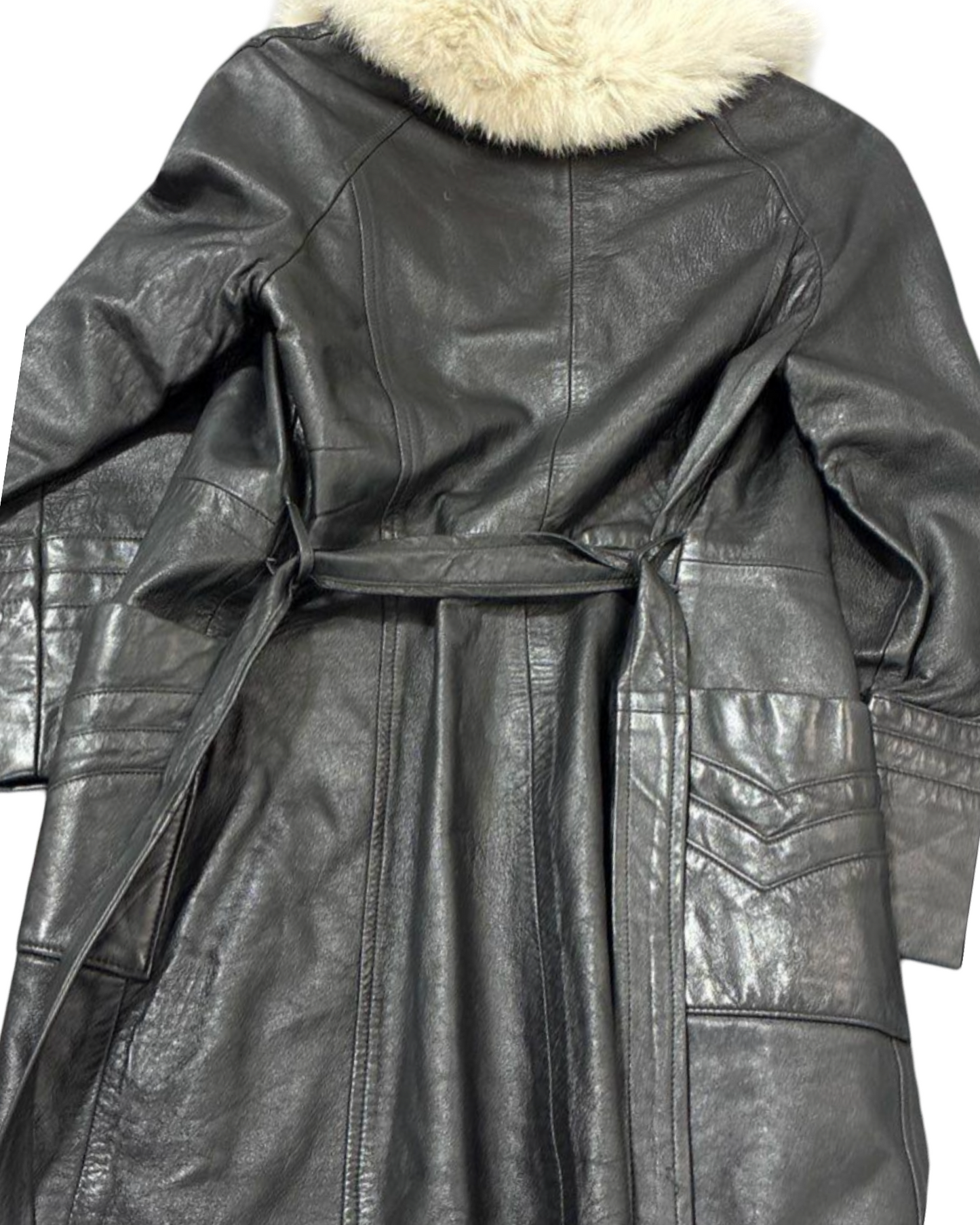 70s leather coat with fox fur collar | size S