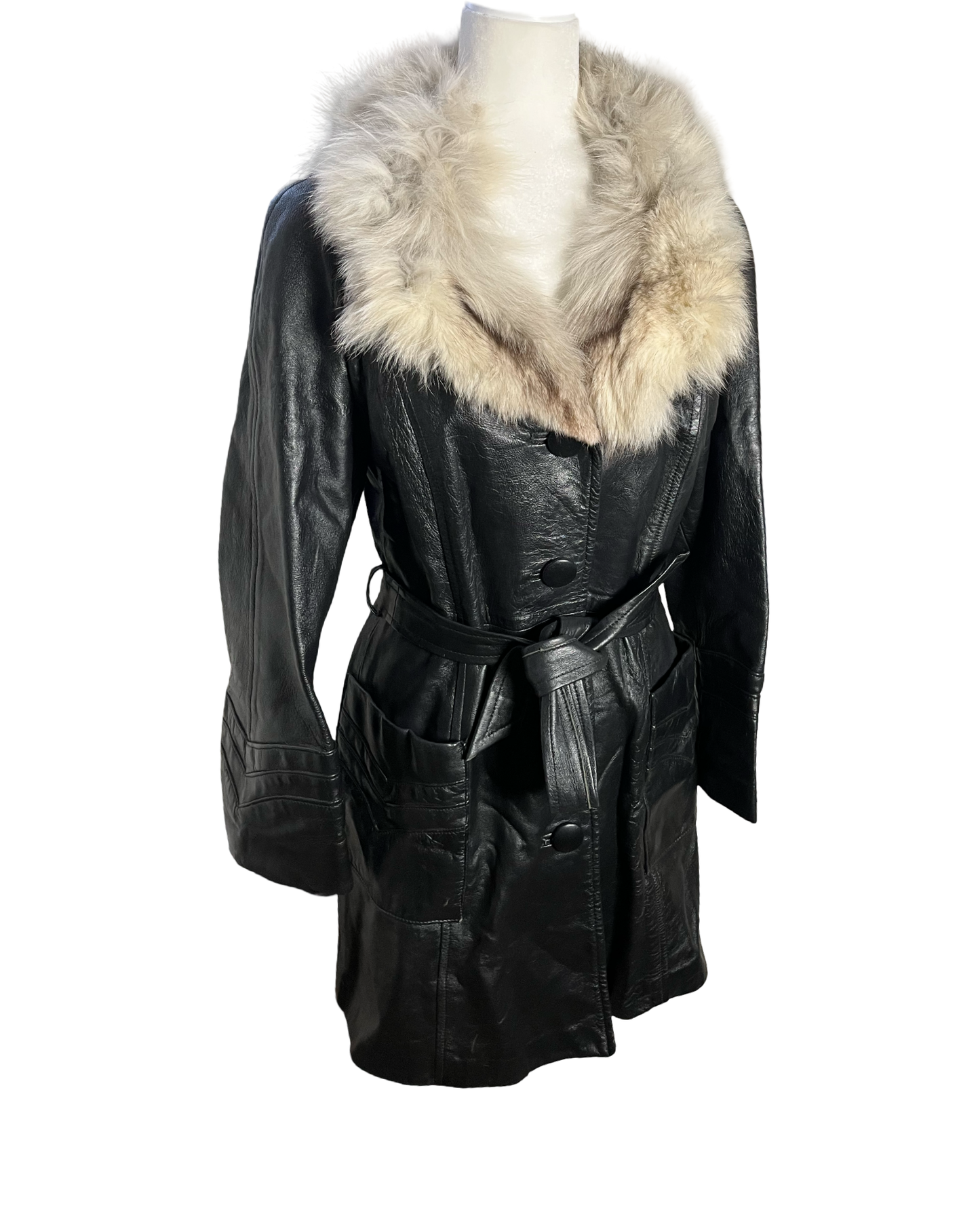 70s leather coat with fox fur collar | size S