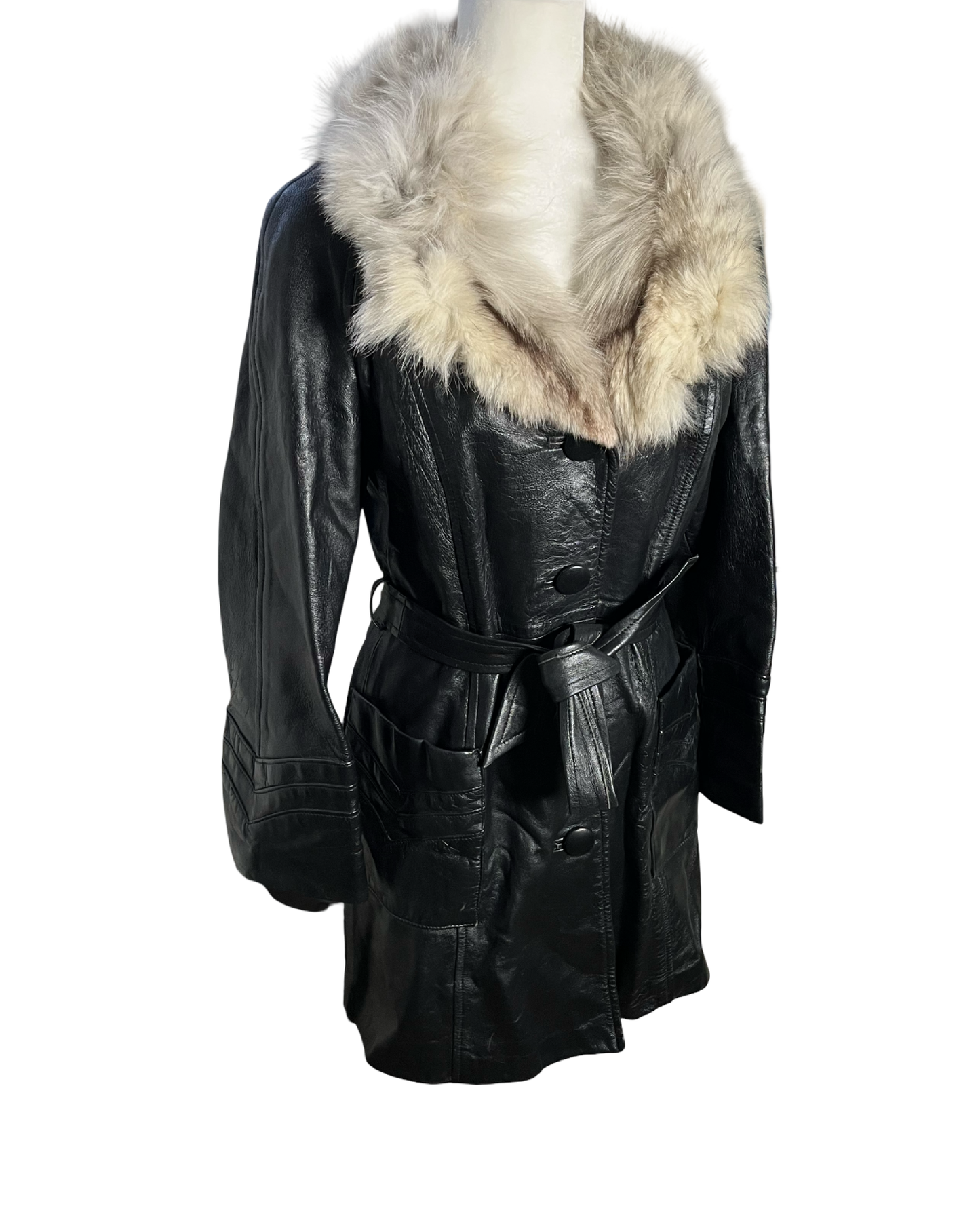 70s leather coat with fox fur collar | size S