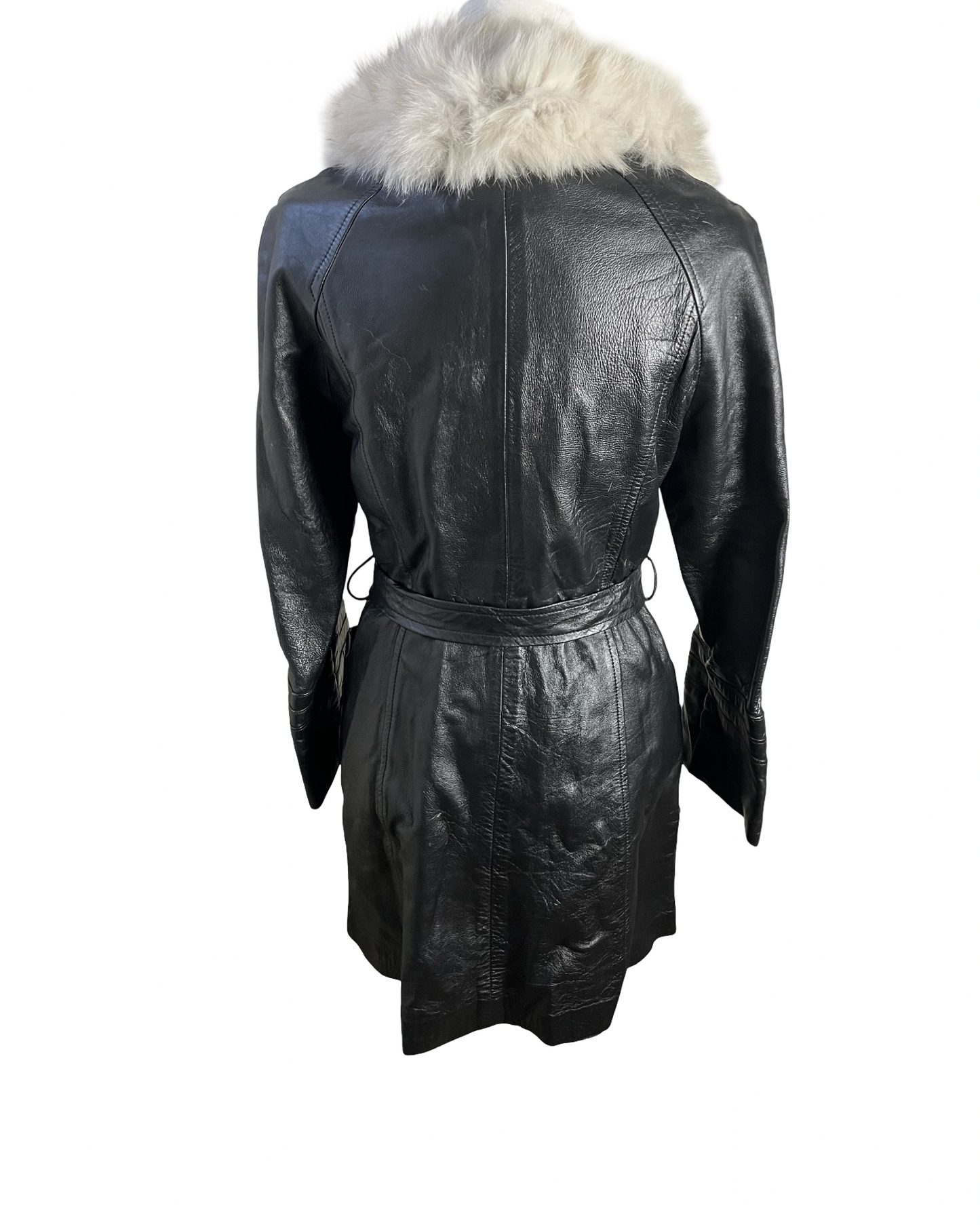 70s leather coat with fox fur collar | size S